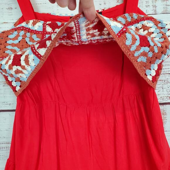 New York & Company L Cottage Ruffle Tier Dress Red Multi Crochet Top Flare Skirt - Picture 7 of 16